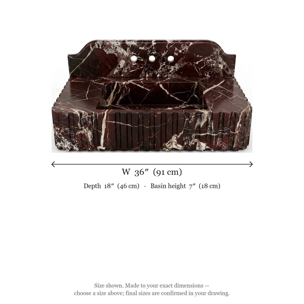 Cherry Red Fluted Marble Sink with Backsplash and Brass Stand — dimensions — view 5