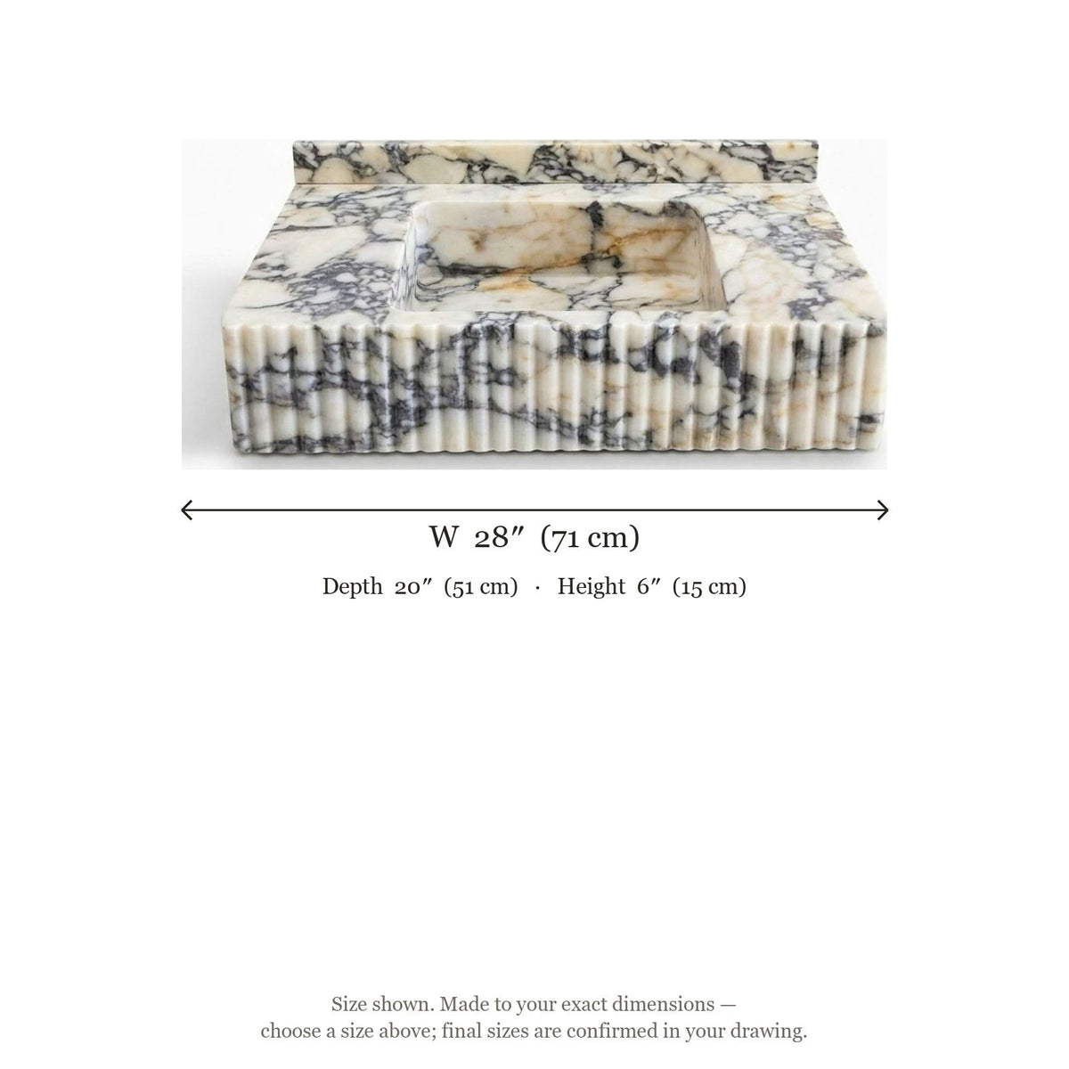 Calacatta Viola Fluted Marble Sink with Backsplash — dimensions — view 5