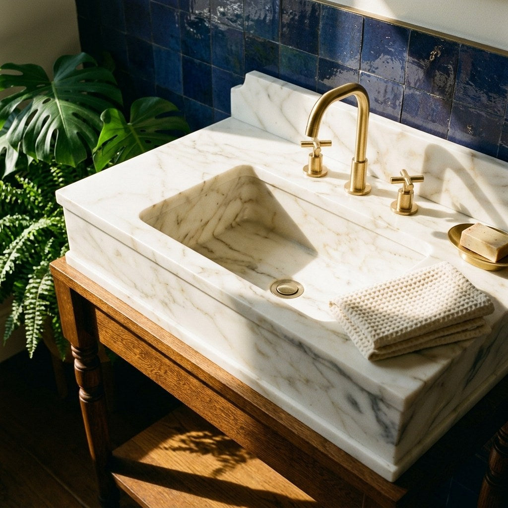Calacatta Gold Marble Vanity with Backsplash and Wood Shelf — premium — view 2