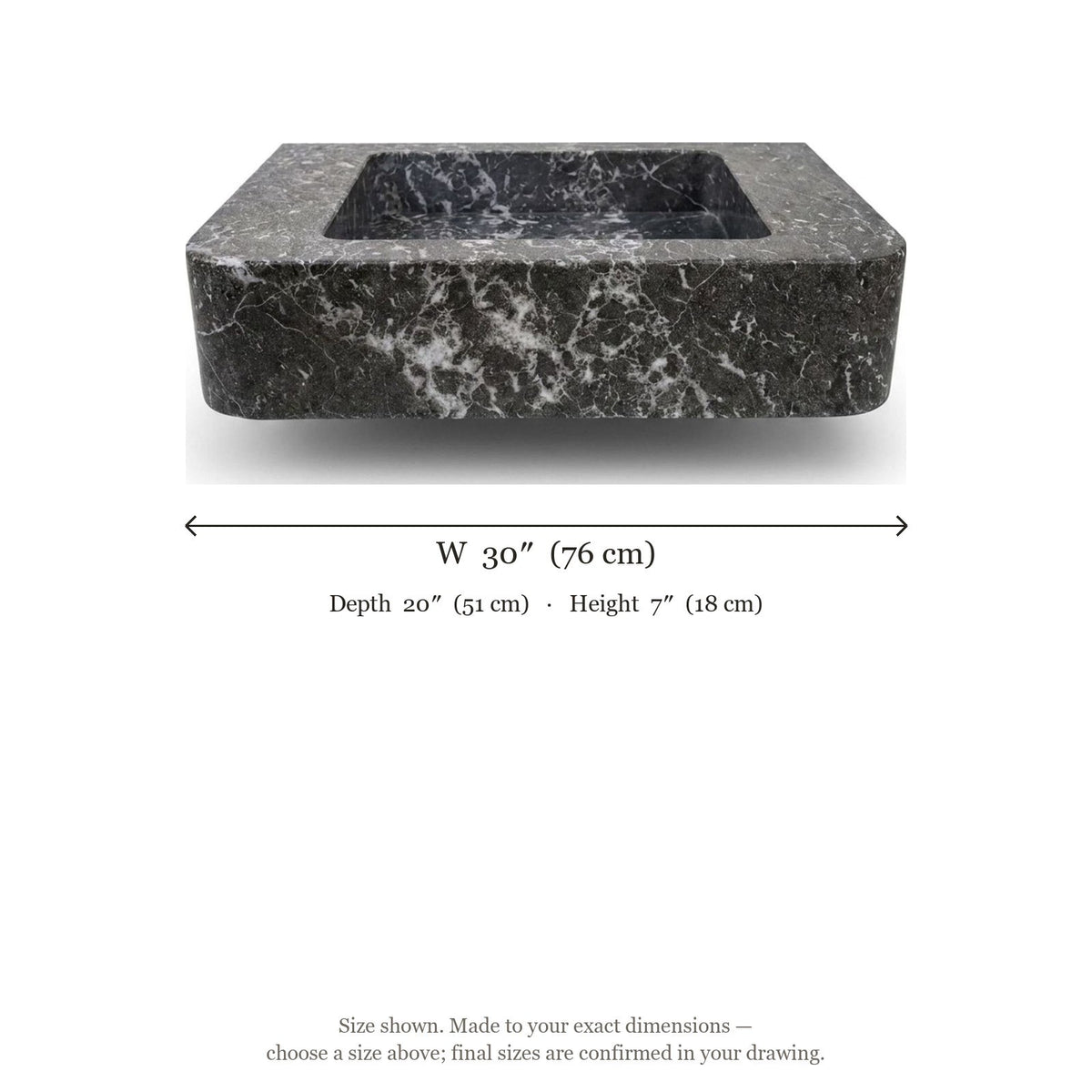 Pietra Notte Honed Rectangular Marble Vessel Sink — dimensions — view 5
