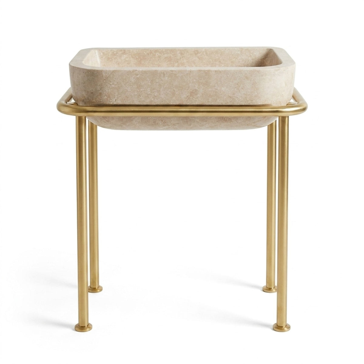 Polished Travertine Sink with Brass Stand — view 1