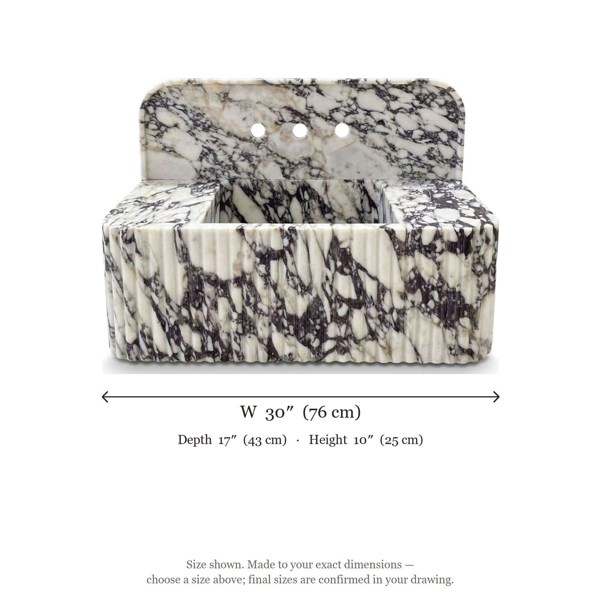 Calacatta Viola Fluted Marble Sink with Backsplash — dimensions — view 5