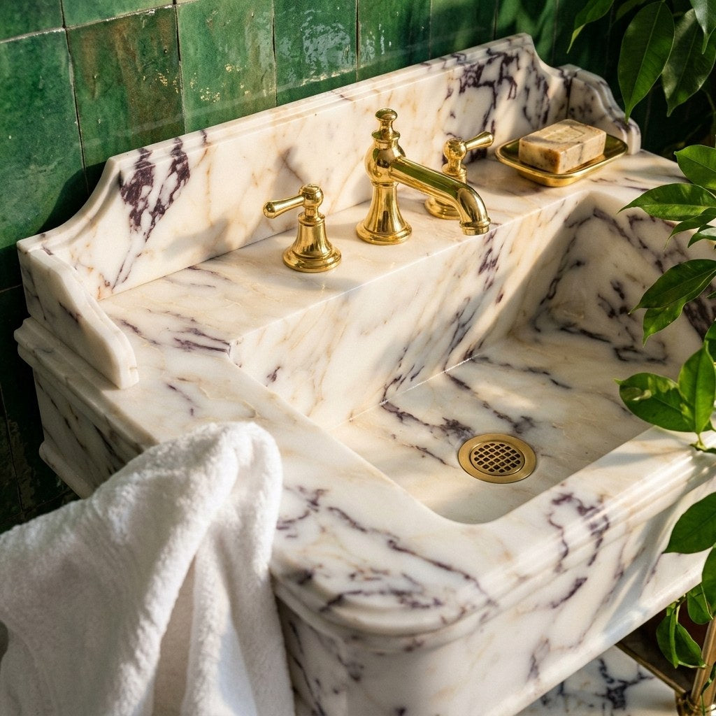 Calacatta Viola Marble Console Sink with Brass Stand and Backsplash — premium — view 2
