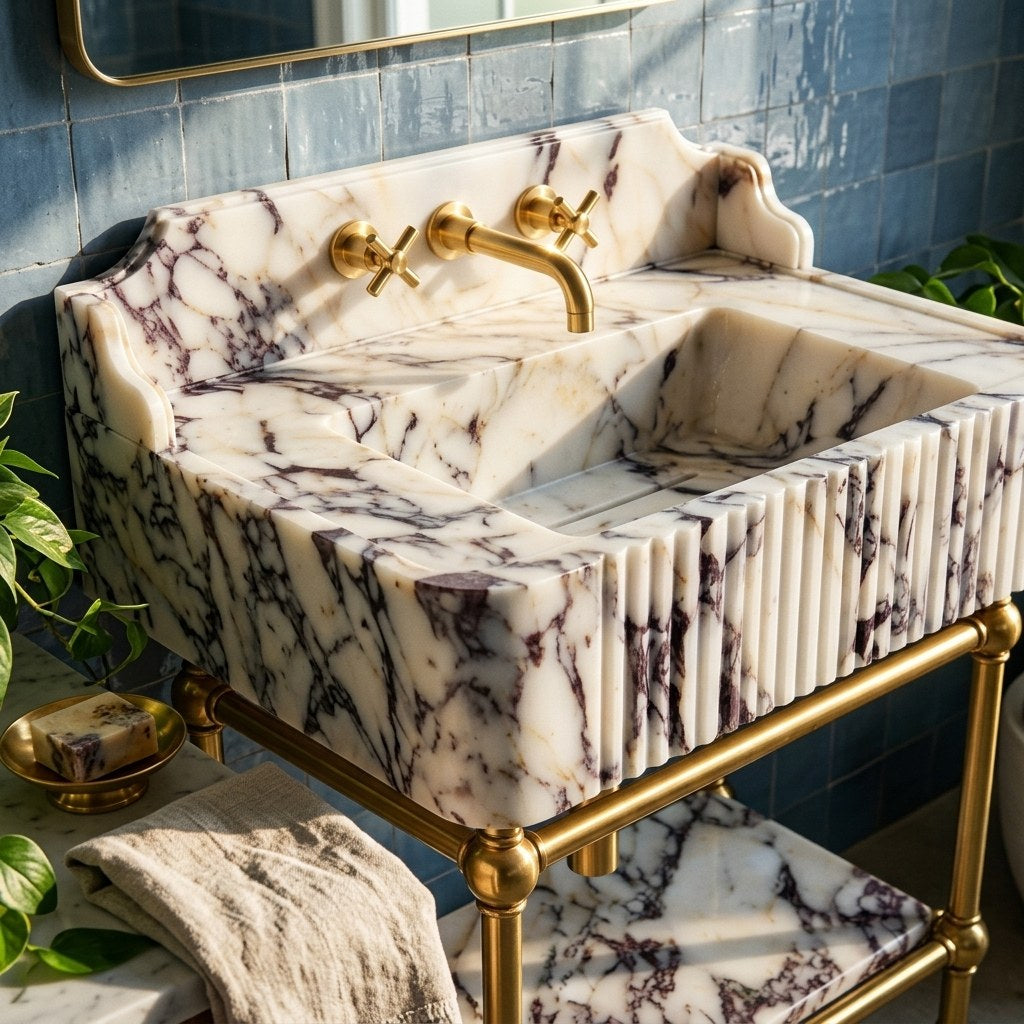 Calacatta Viola Fluted Marble Sink with Brass Stand — premium — view 2