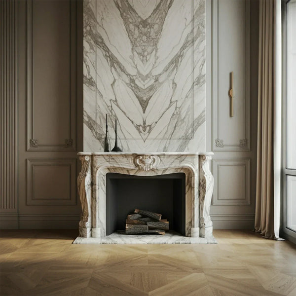 Elegant Marble Fireplace Mantel with Intricate Carvings