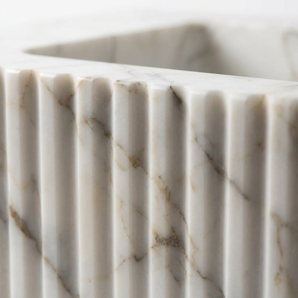 Calacatta Gold Fluted Rectangular Marble Sink — marble detail — view 2