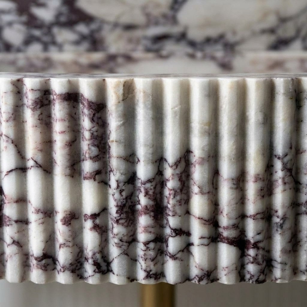 Calacatta Viola Fluted Marble Sink with Brass Stand and Backsplash — marble detail — view 2