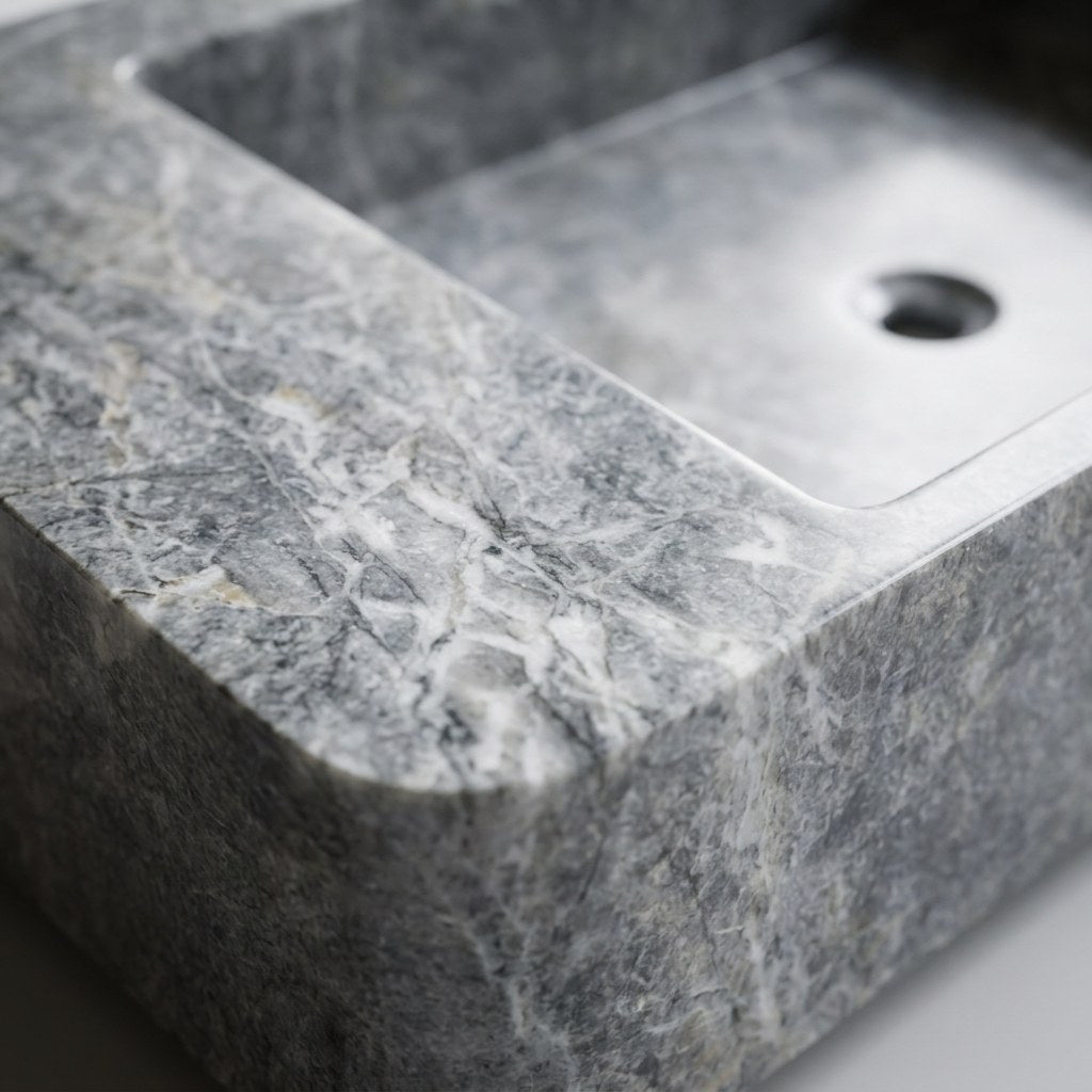 Grey Marble Rectangular Vessel Sink with Honed Finish — marble detail — view 2