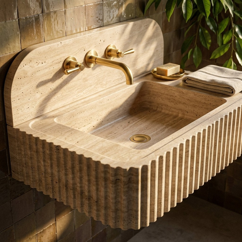Polished Travertine Fluted Sink with Backsplash — premium — view 2