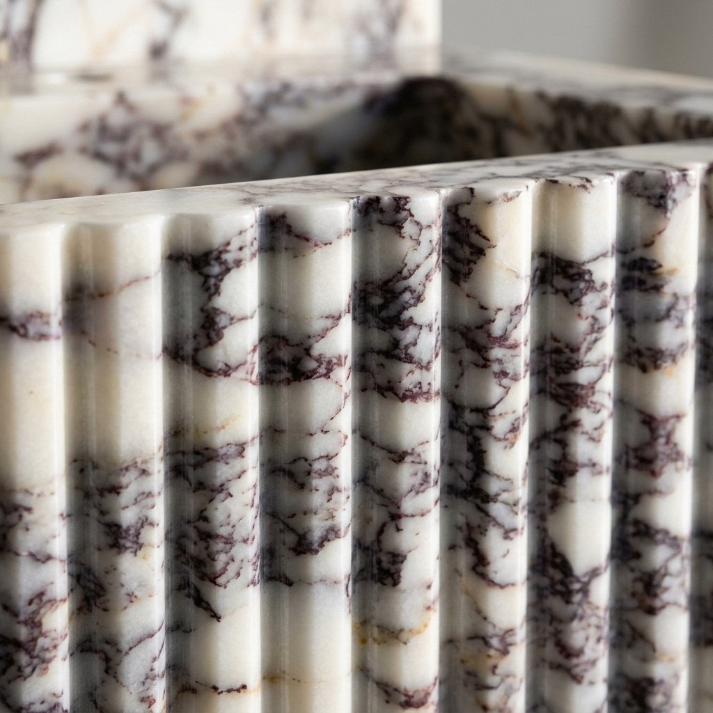 Calacatta Viola Fluted Marble Sink with Backsplash — marble detail — view 3