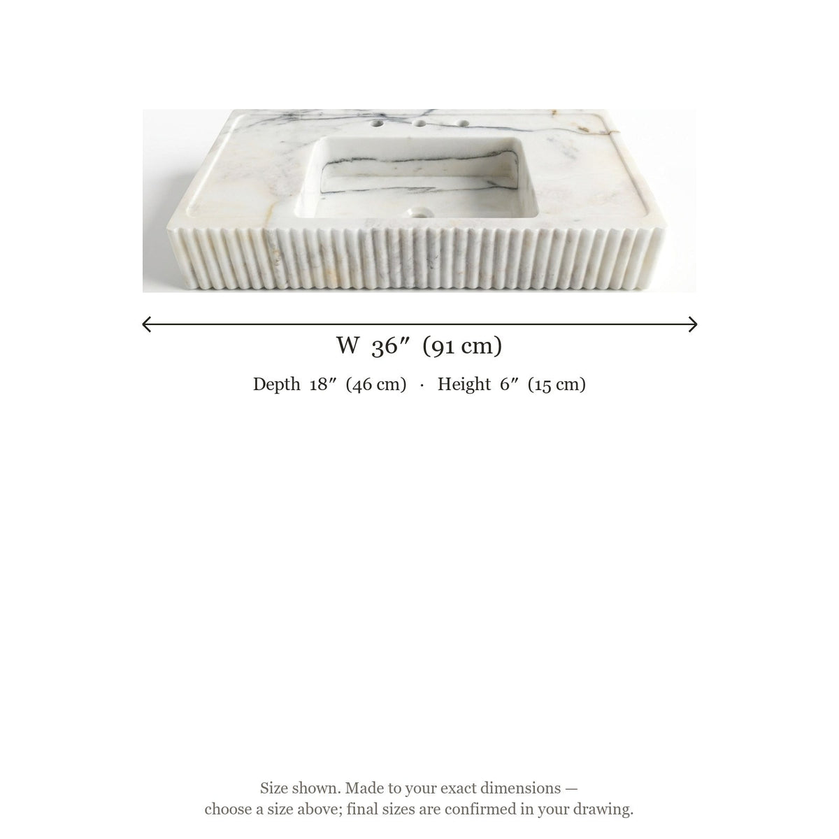 Carrara Fluted Polished Marble Sink — dimensions — view 5