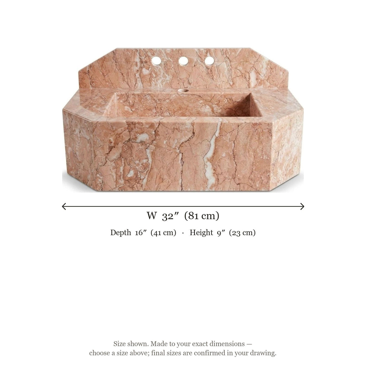 Pink Violet Polished Marble Sink with Integrated Backsplash — dimensions — view 3