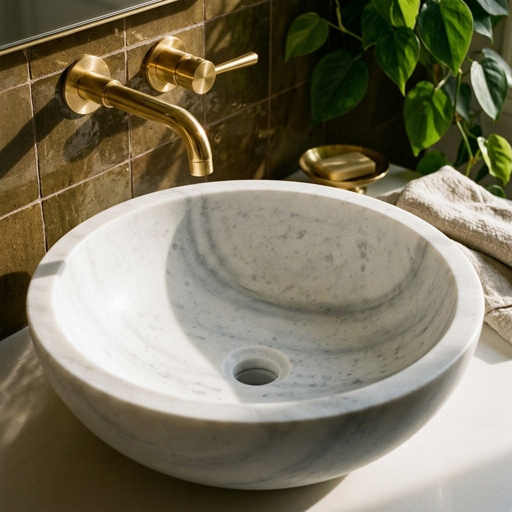 Carrara Marble Round Polished Vessel Sink — premium — view 2