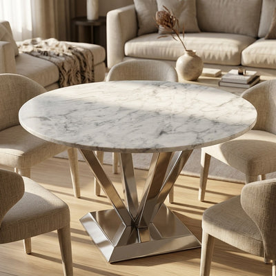 Carrara Marble Round Table with Brushed Steel Base — premium