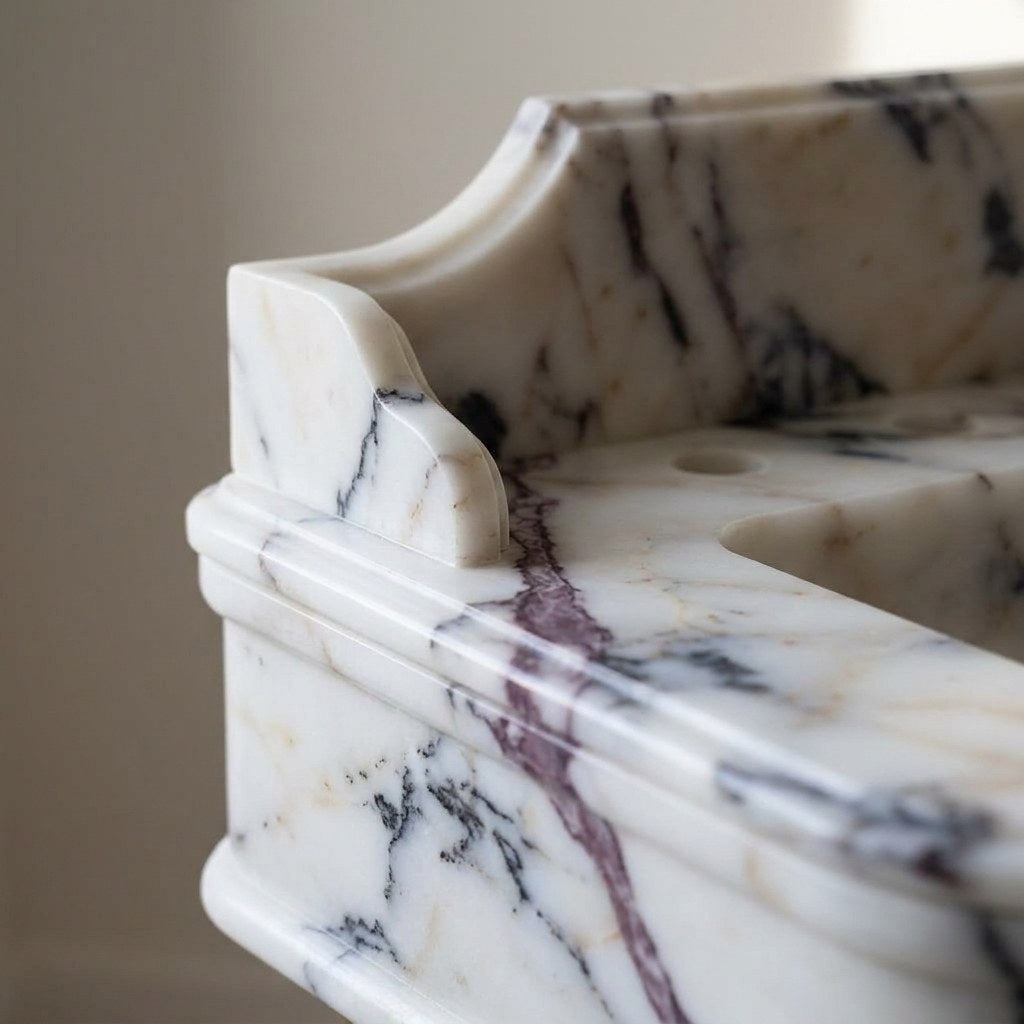 Calacatta Viola Marble Sink with Brass Stand and Backsplash — marble detail — view 3