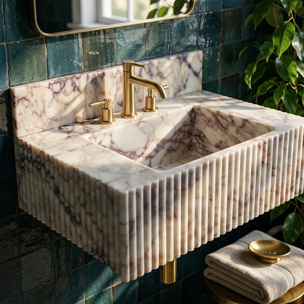 Calacatta Viola Fluted Marble Sink with Backsplash — premium — view 2