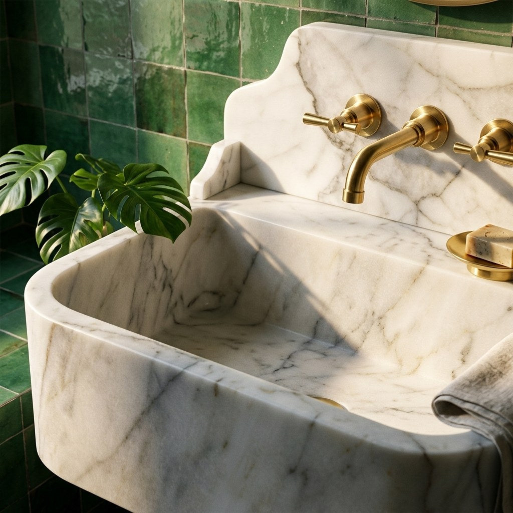 Carrara Marble Sink with Integrated Backsplash — premium — view 2