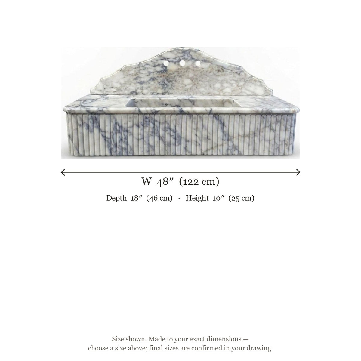 Calacatta Viola Fluted Marble Sink with Backsplash — dimensions — view 5