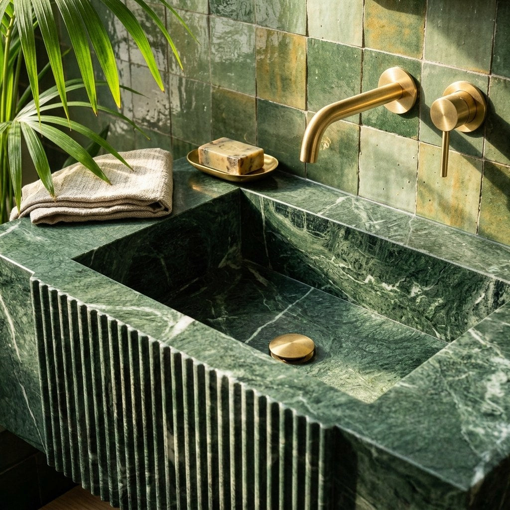 Verde Polished Fluted Marble Sink — premium — view 2
