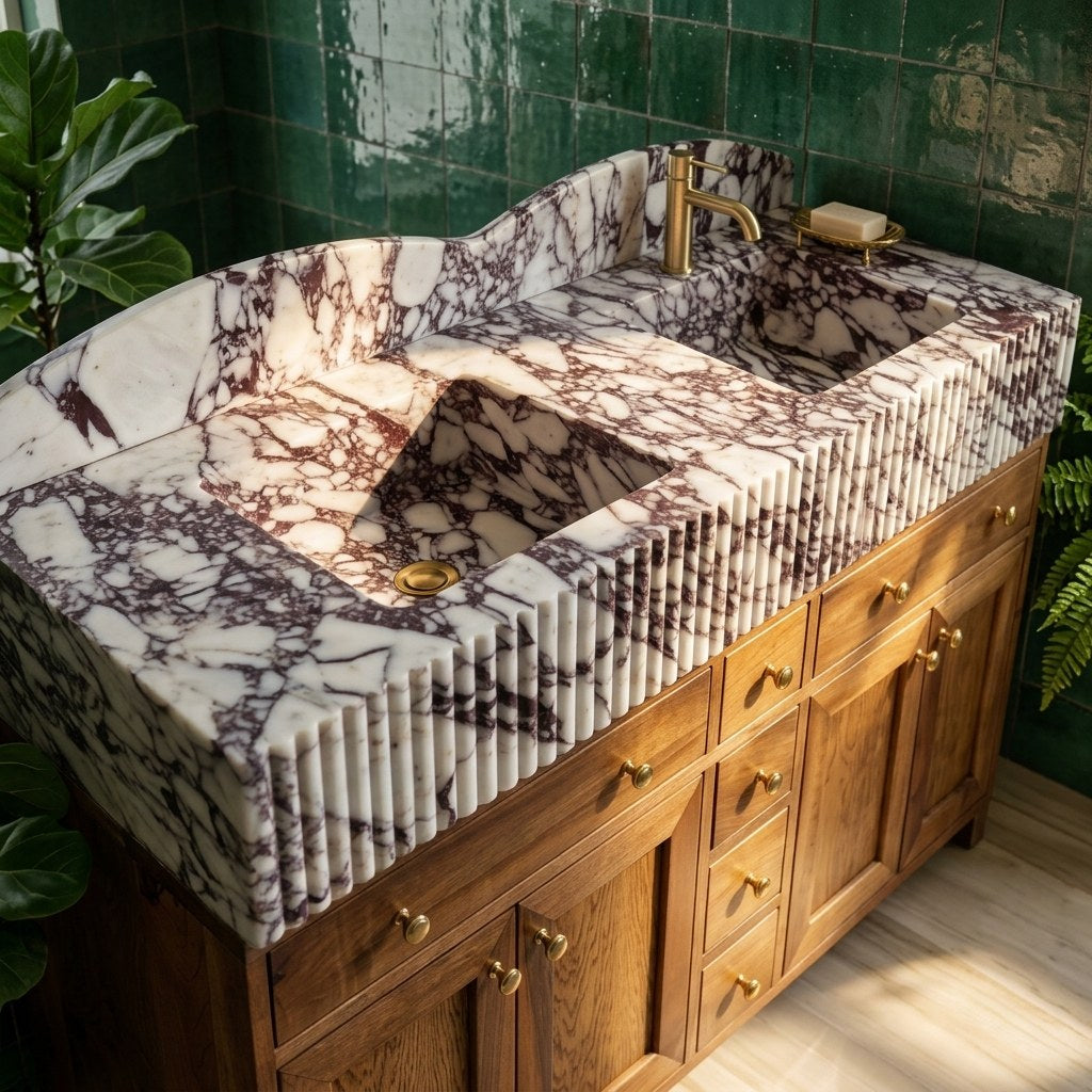 Calacatta Viola Fluted Marble Double Sink Vanity with Backsplash — premium — view 2