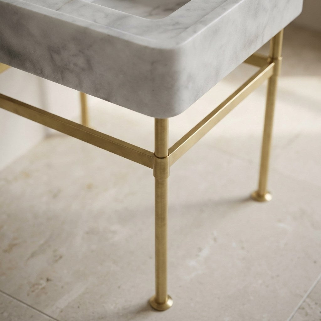 Carrara Polished Marble Console Sink with Brass Stand — detail — view 4