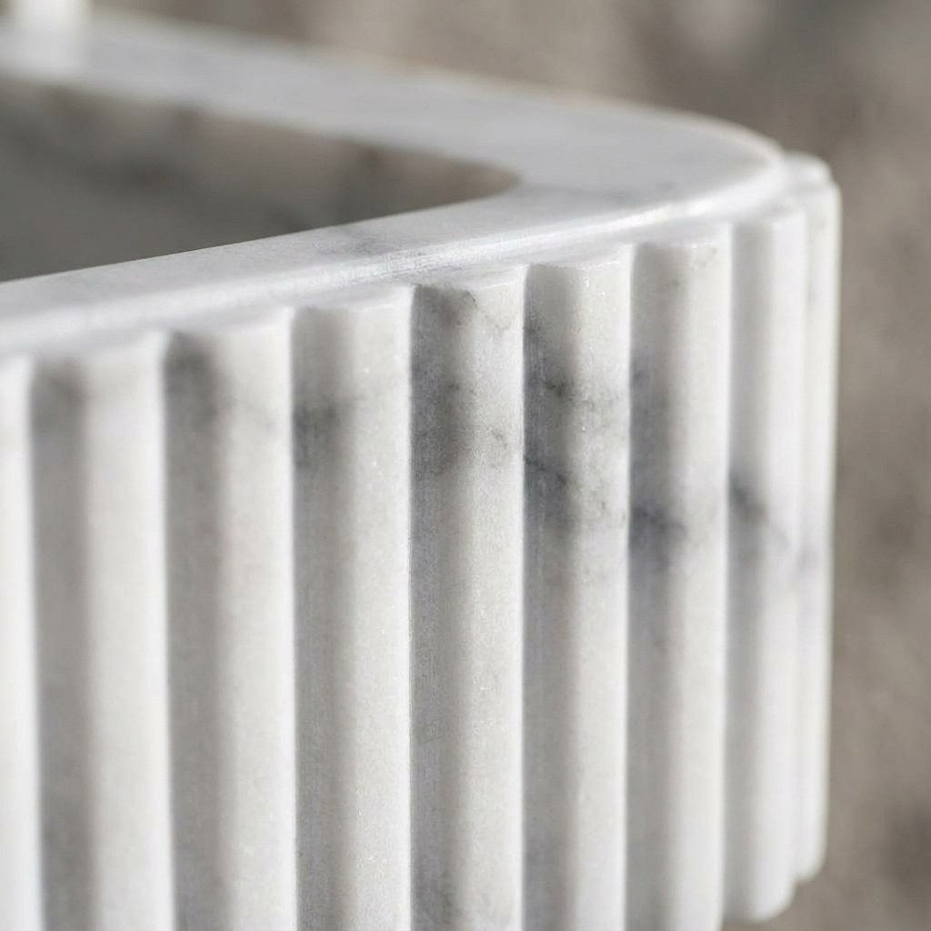 Carrara Fluted Marble Sink with Metal Stand and Backsplash — marble detail — view 3