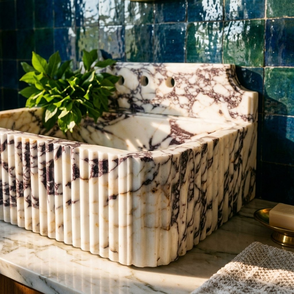 Calacatta Viola Fluted Marble Sink with Backsplash — premium — view 2