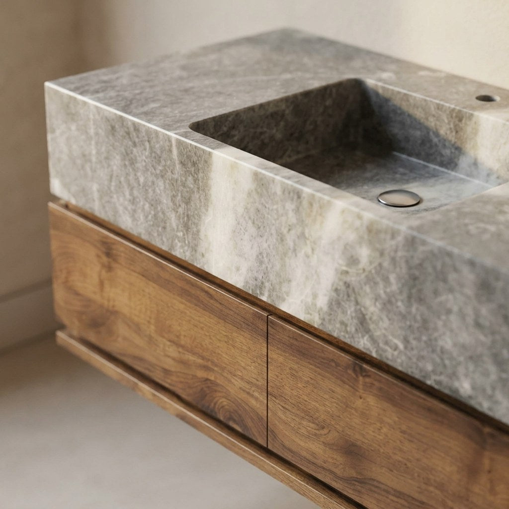 Honed Grey Marble Vanity Sink with Wood Cabinet — detail — view 4