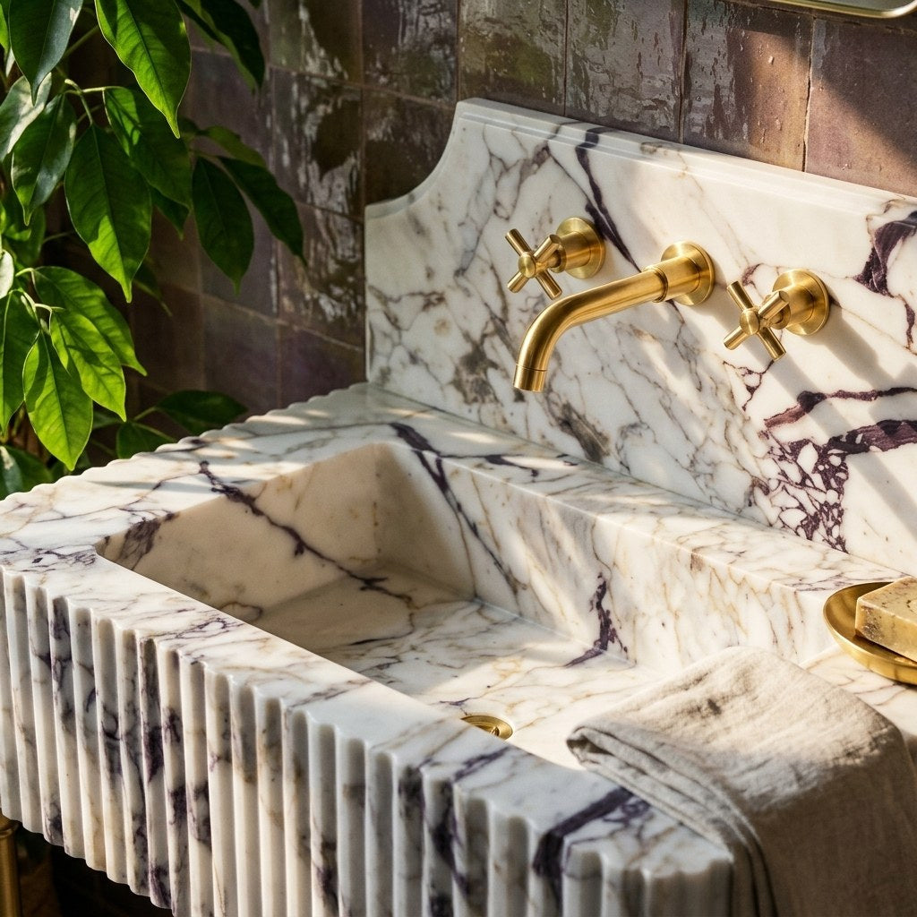 Calacatta Viola Fluted Marble Sink with Backsplash — premium — view 2