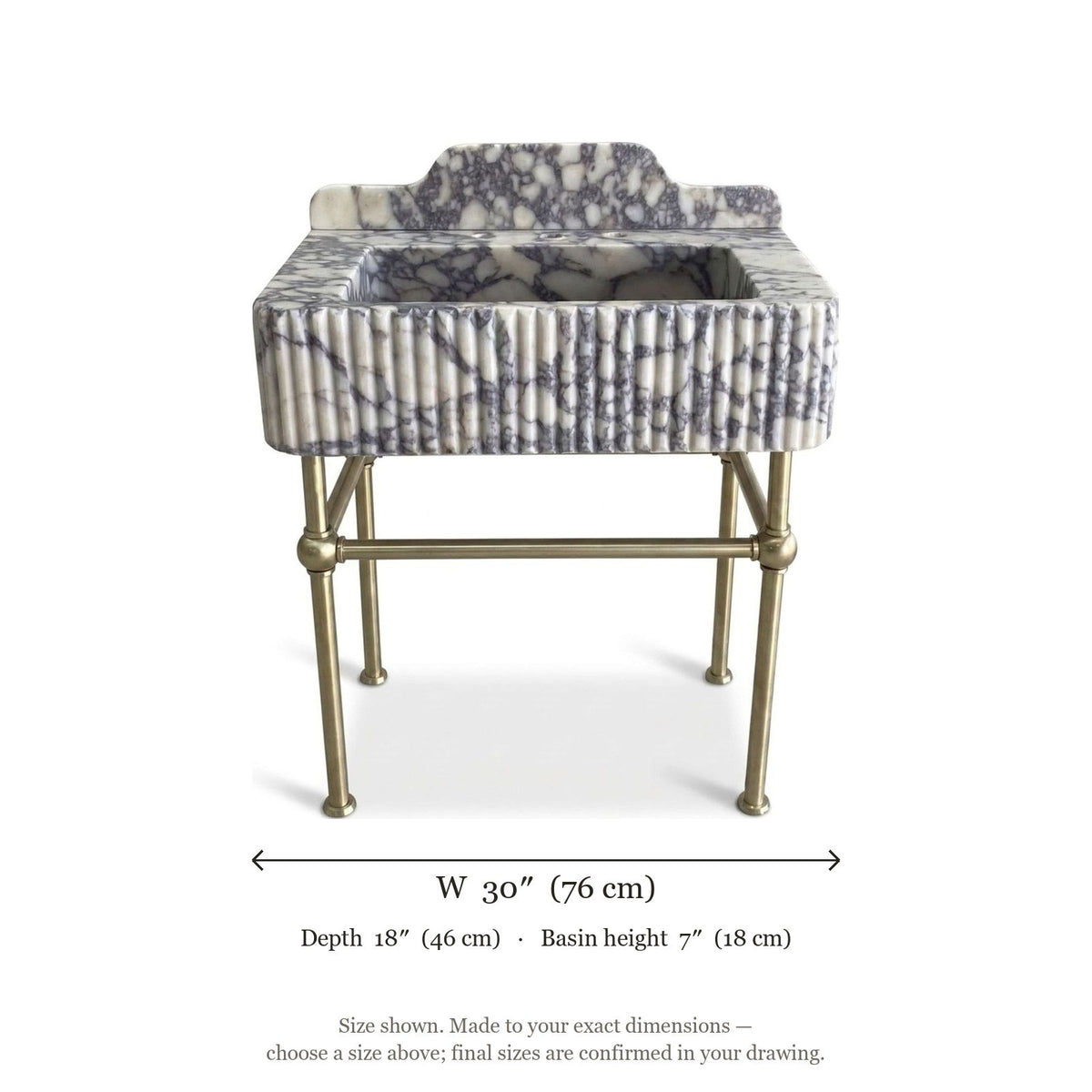 Calacatta Viola Fluted Marble Sink with Champagne Gold Stand — dimensions — view 5