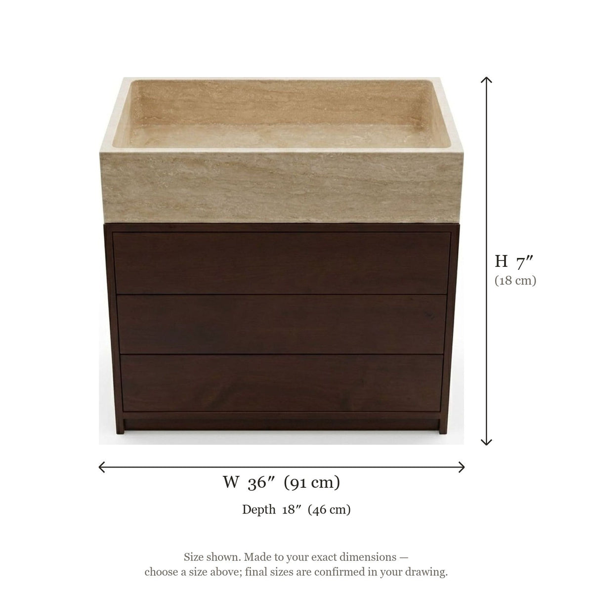 Travertine Marble Vanity with Wood Cabinet — dimensions — view 4