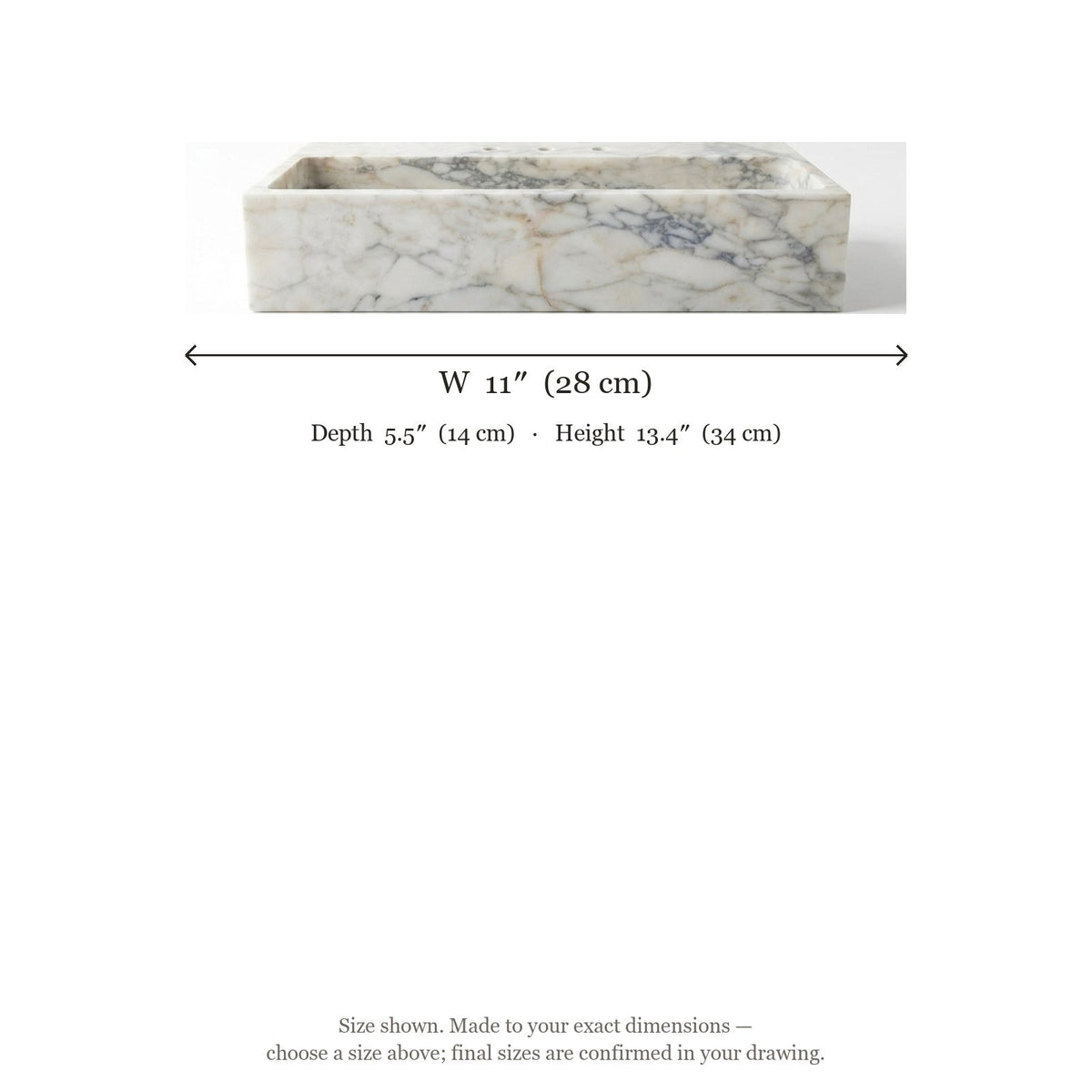 Calacatta Viola Honed Marble Sink with 3 Faucet Holes — dimensions — view 5