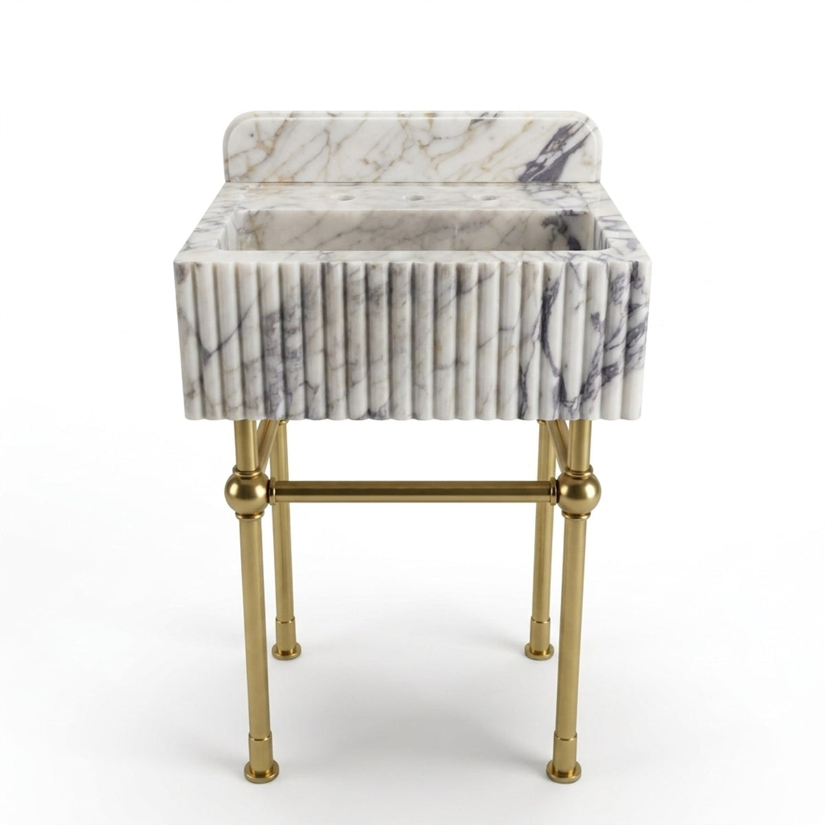 Calacatta Viola Fluted Marble Console Sink with Brass Stand — view 1