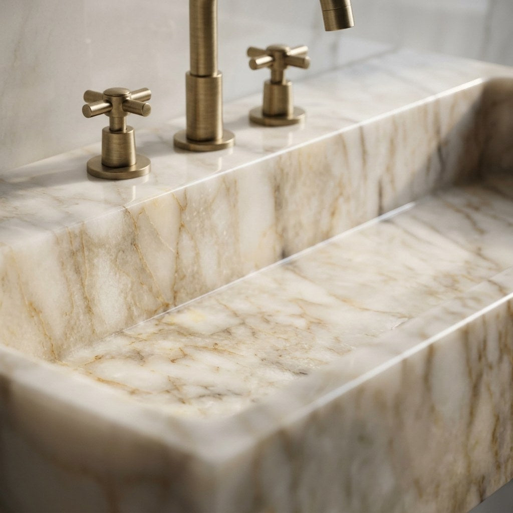 Calacatta Viola Honed Marble Sink with 3 Faucet Holes — marble detail — view 2