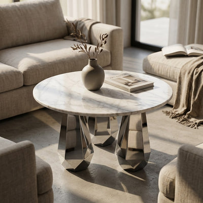 Carrara Marble Table with Brushed Steel Base — premium