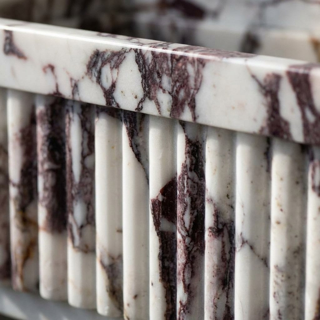 Calacatta Viola Fluted Marble Vanity with Backsplash — marble detail — view 2