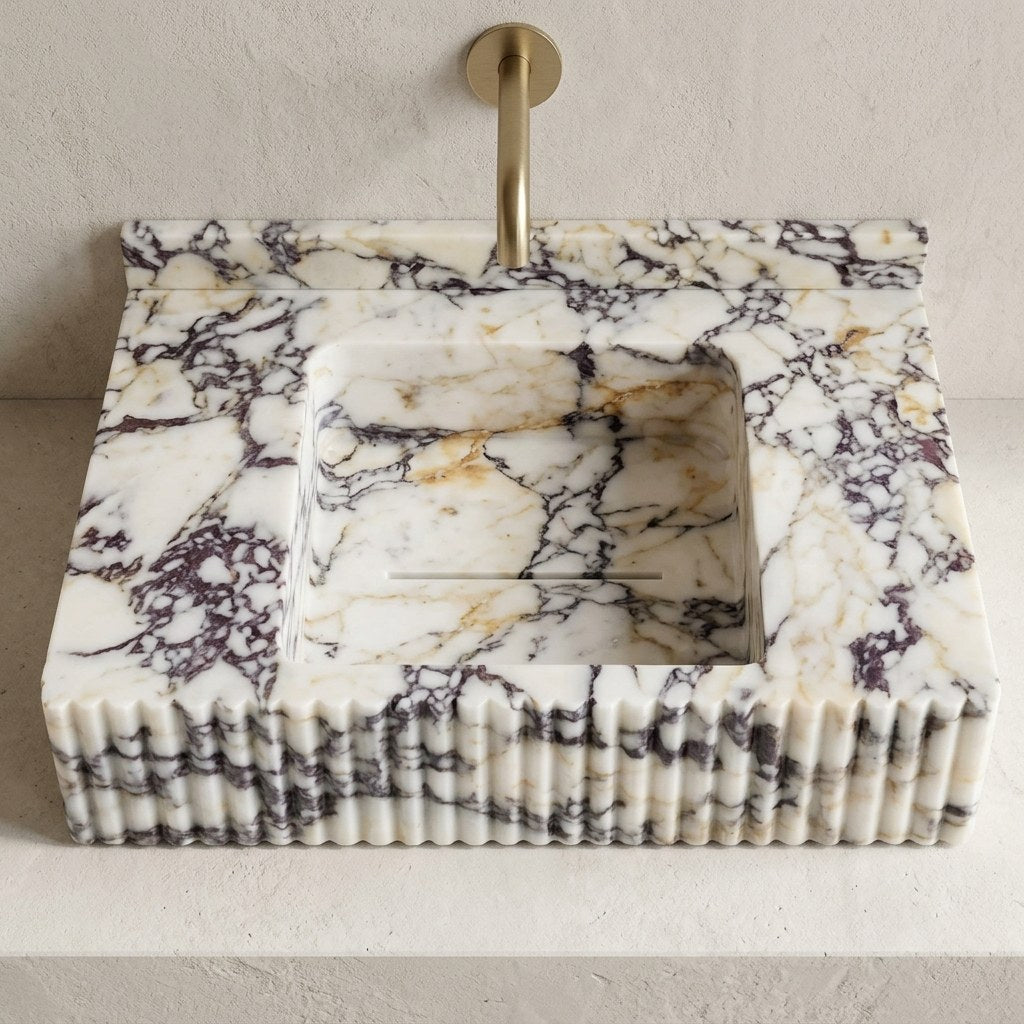 Calacatta Viola Fluted Marble Sink with Backsplash — detail — view 4