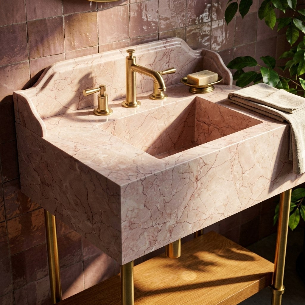 Pink Violet Marble Sink with Brass Legs and Backsplash — premium — view 2