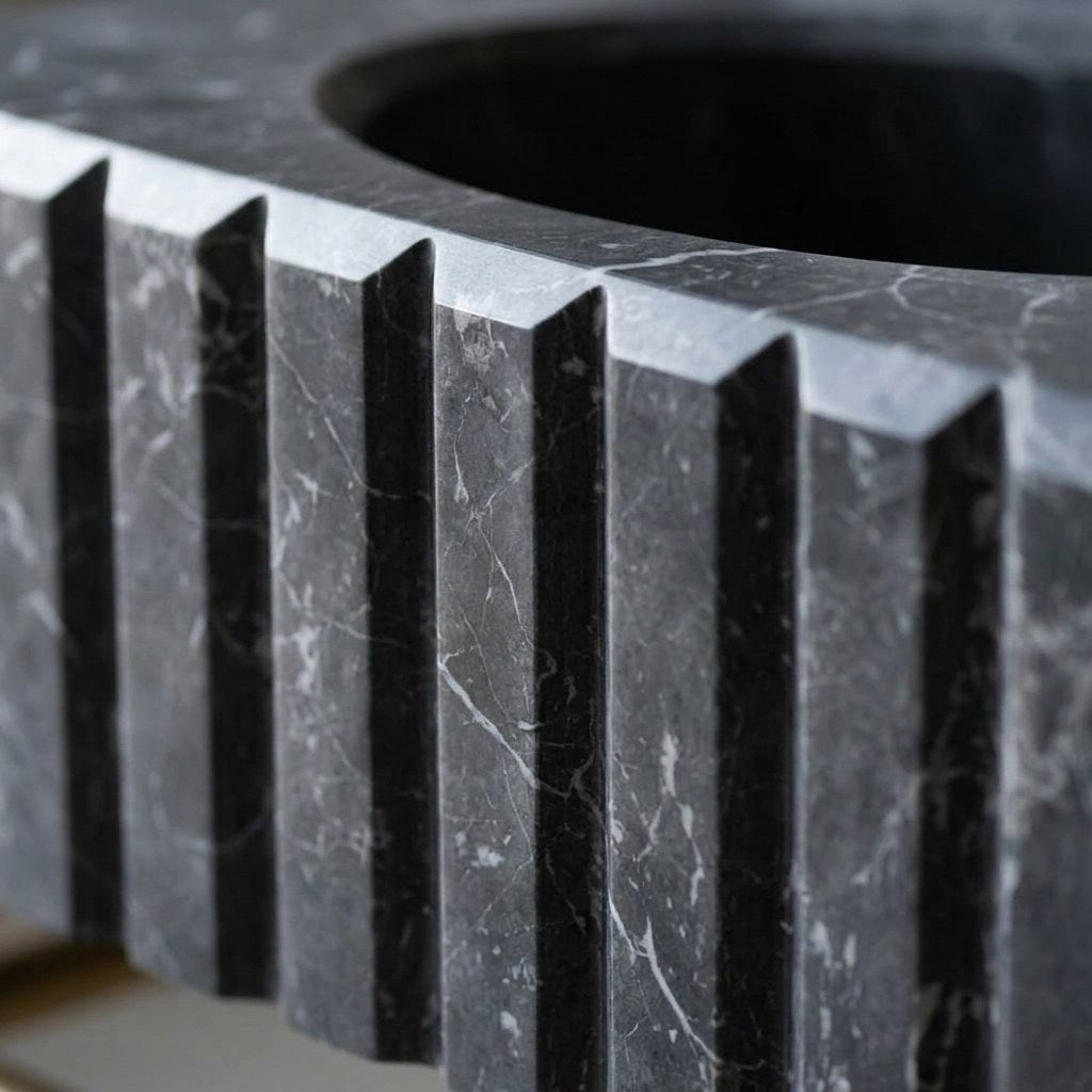Pietra Notte Fluted Marble Sink with Brass Stand — marble detail — view 3