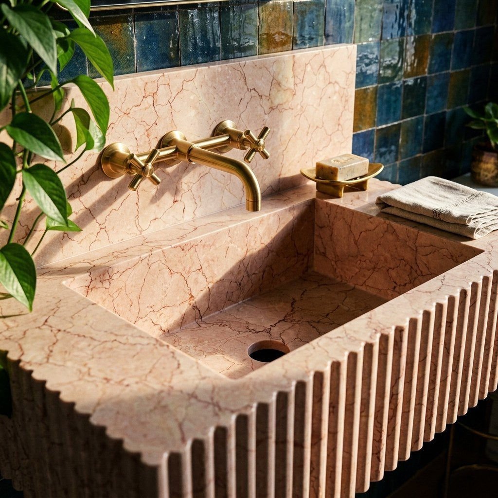 Pink Violet Fluted Marble Sink with Backsplash — premium — view 2