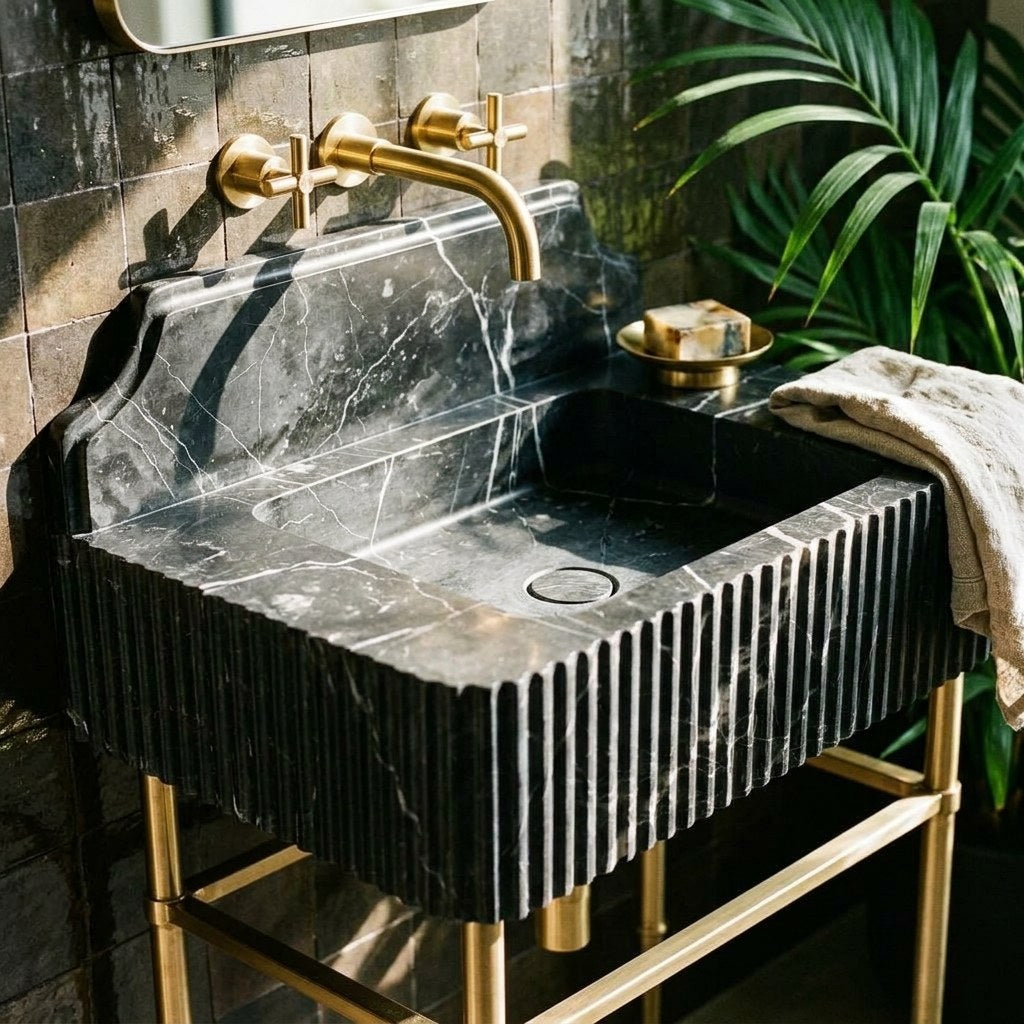 Pietra Notte Fluted Marble Sink with Brass Stand — premium — view 2