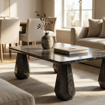Pietra Notte Polished Marble Table with Brushed Steel — premium