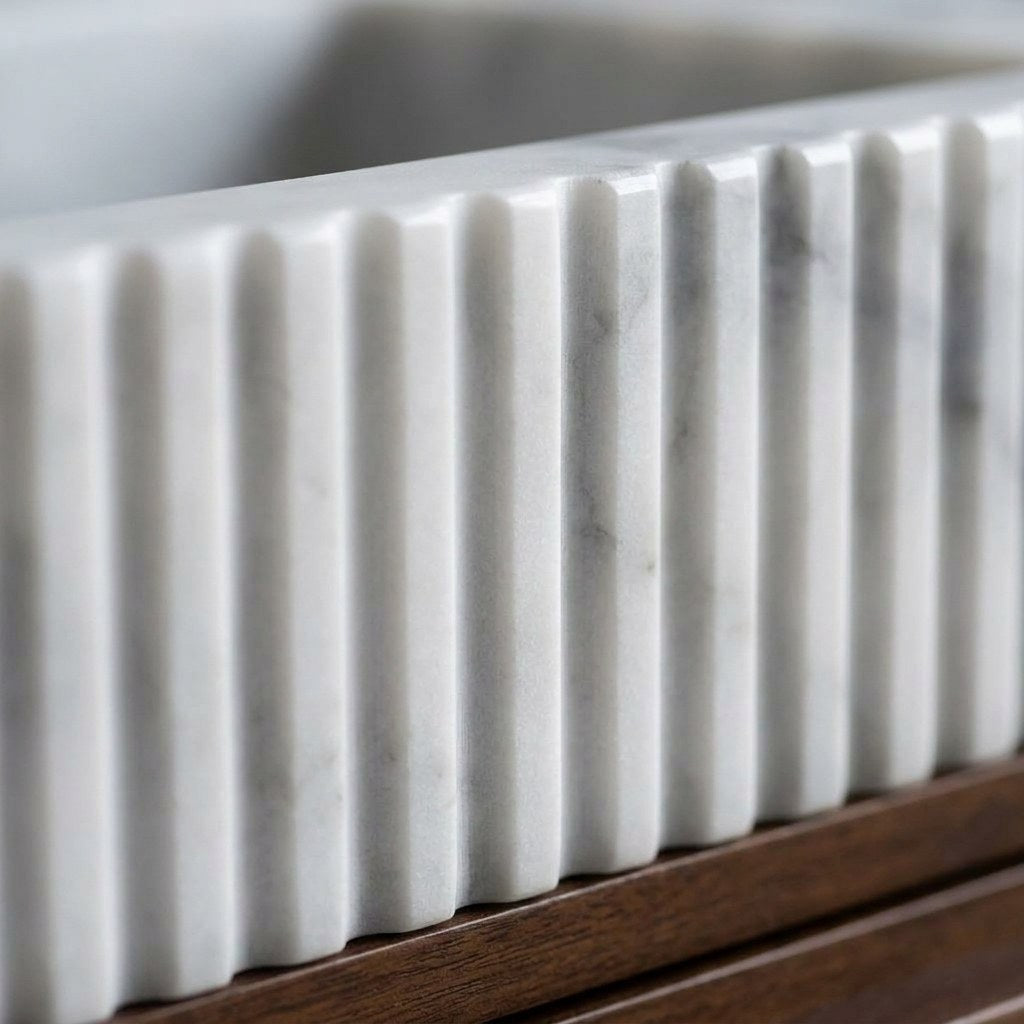 Carrara Fluted Marble Vanity with Backsplash — marble detail — view 3