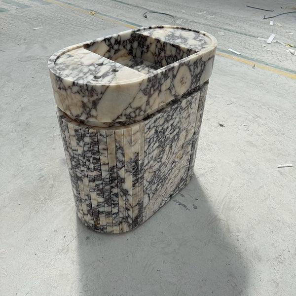 Calacatta Viola Marble Sink Cabinet – Full Stone Bathroom Vanity with Fluted Oval Basin for Luxury Interiors M6F010 hover