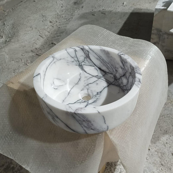 Round Marble Sink Bowl – Carrara Natural Stone Basin for Bathroom Vanity, Powder Room M6S020 hover