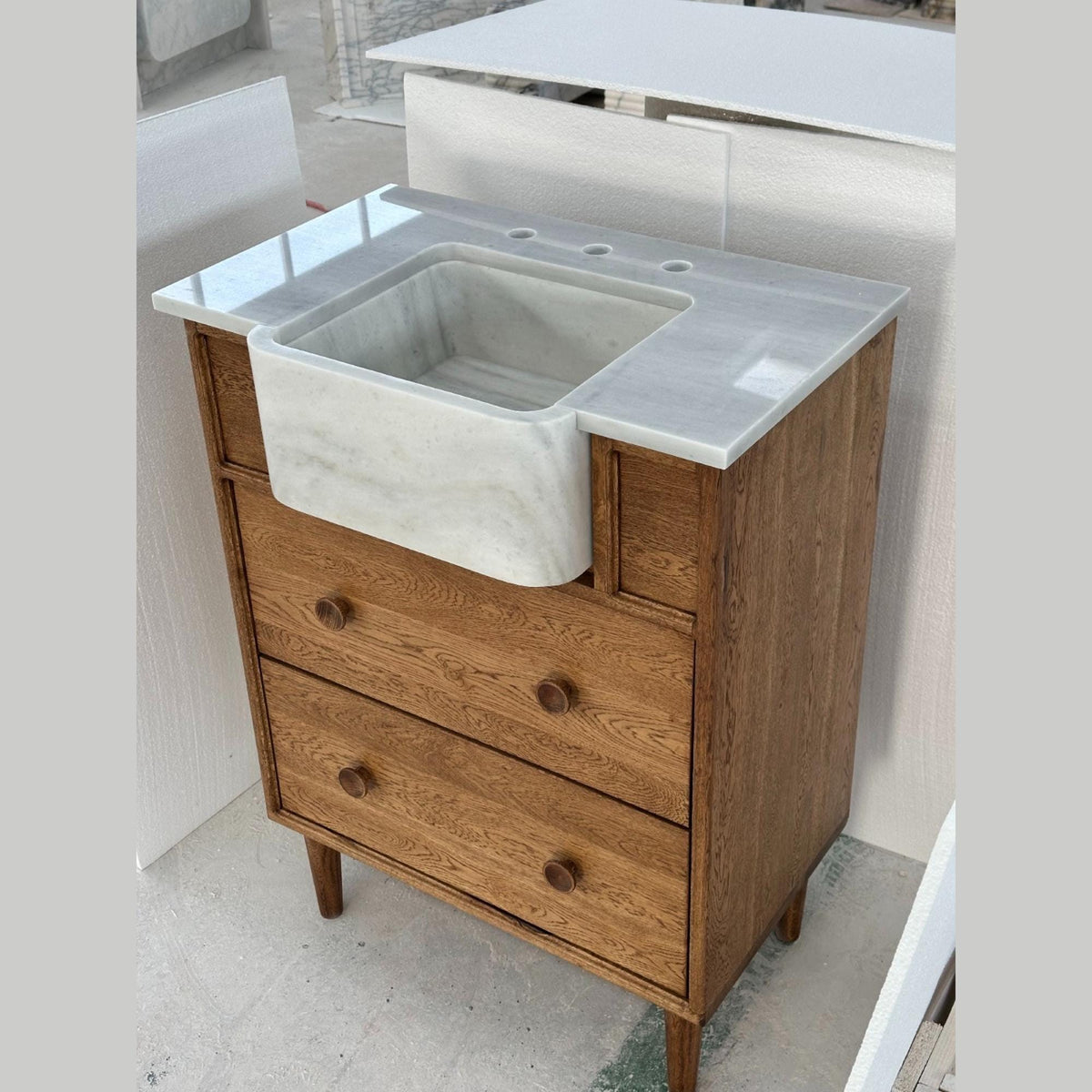 Carrara Marble Apron Sink with Wooden Vanity – Freestanding Bathroom Cabinet with Drawers for Farmhouse Interiors M6F009 — view 1