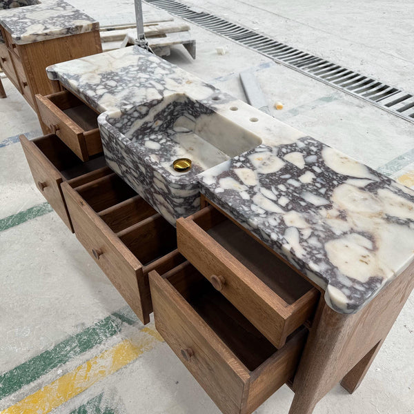 Calacatta Viola Marble Sink with Solid Wood Vanity – Farmhouse Apron Sink Cabinet for Luxury Bathroom Projects M6F001