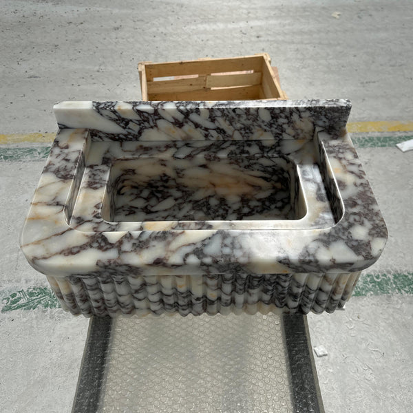 Calacatta Viola Marble Sink with Backsplash – Fluted Stone Vessel for Luxury Bathrooms and Designer Vanities M6S44 hover