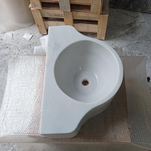 Sculpted Carrara Marble Sink – Modern Round Vessel Basin for Wall Mount or Vanity Installations | Custom Natural Stone Design M6S47 hover