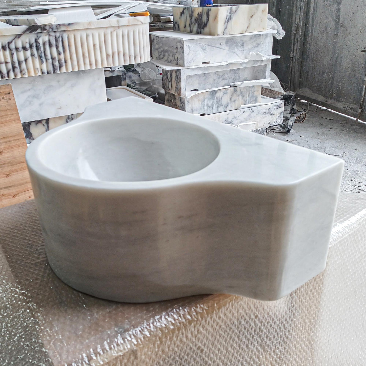 Sculpted Carrara Marble Sink – Modern Round Vessel Basin for Wall Mount or Vanity Installations | Custom Natural Stone Design M6S47